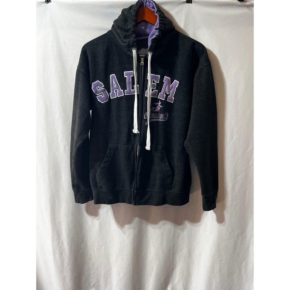 Bay State Gear Salem Massachusetts Full Zip Hoodie Gray Purple Witch Small
